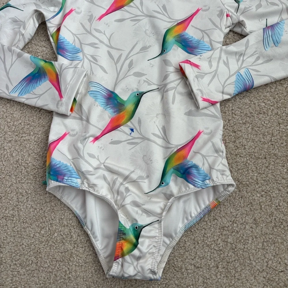 Kids Long Sleeve Swimwear with Colorful Hummingbird Print - White